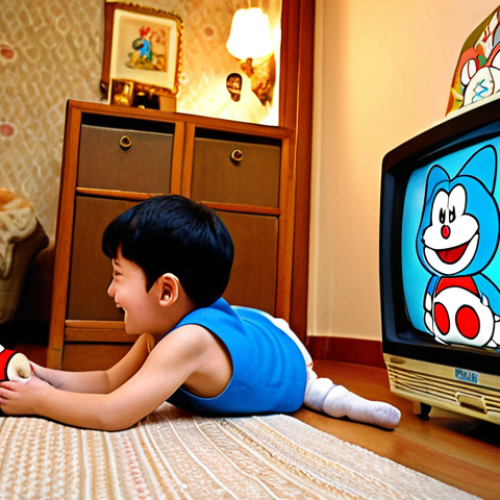 Home 4 **
"A cozy, nostalgic scene in a 1990s French living room. A young French child (around 8-10 years old) is sitting on the floor, captivated, laughing joyfully while watching classic Doraemon animation on a vintage CRT television. The screen vividly displays Doraemon and Nobita. The room is softly lit, evoking warmth and cherished childhood memories. Subtle hints of French decor, like a patterned wallpaper or a typical European-style armchair, are present in the background, emphasizing a sense of familiar, localized comfort and the idea of Doraemon being 'ours'."
2. **Prompt for